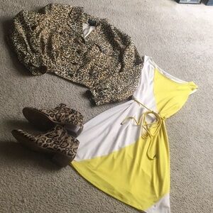STUDIO ONE NY/YELLOW & WHITE COLOR BLOCK JERSEY TIE FRONT MINI